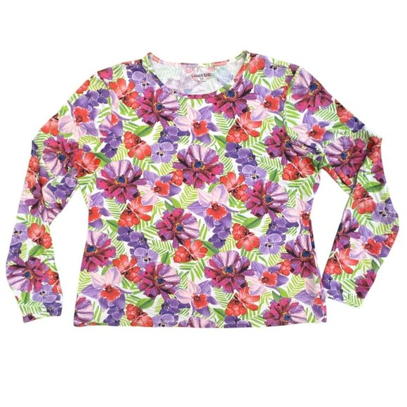 Lands End Rash Guard Floral Top Medium Petite 10-12 Long Sleeve Swimsuit Flowers - Picture 1 of 4